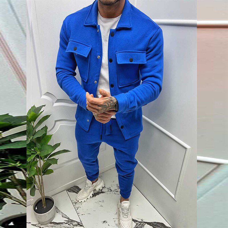 Sets Autumn Trend Turn-down Collar Jackets and Pockets Pants Suits Streetwear Two Piece Men Fashion Slim Fit Outfits