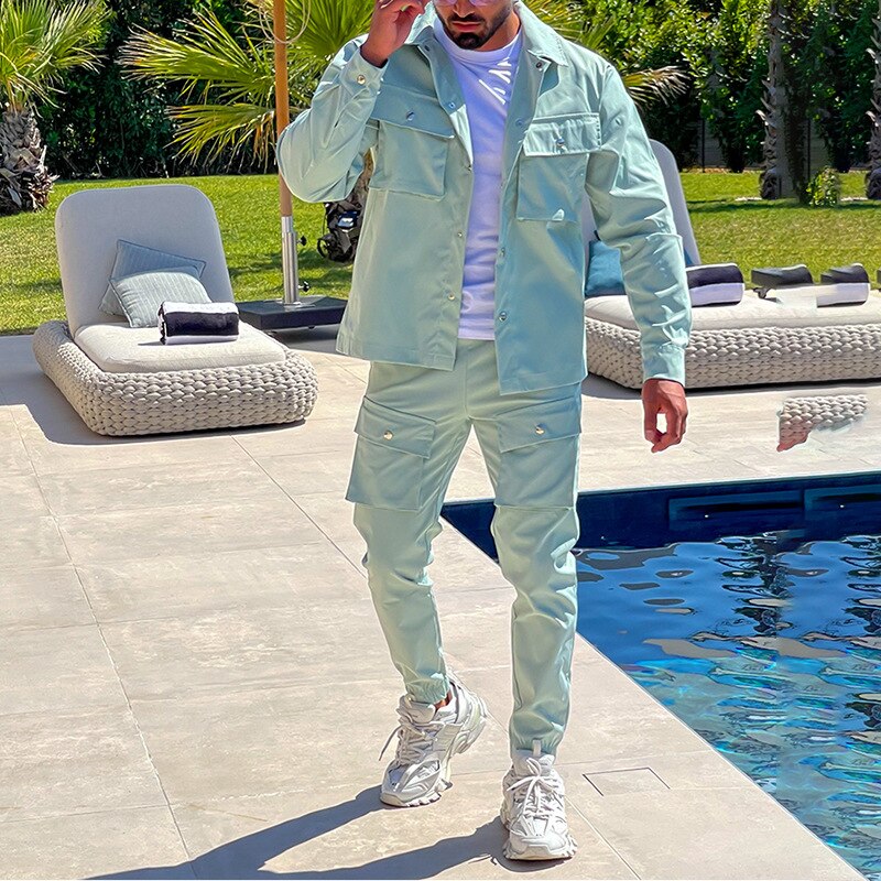 Sets Autumn Trend Turn-down Collar Jackets and Pockets Pants Suits Streetwear Two Piece Men Fashion Slim Fit Outfits