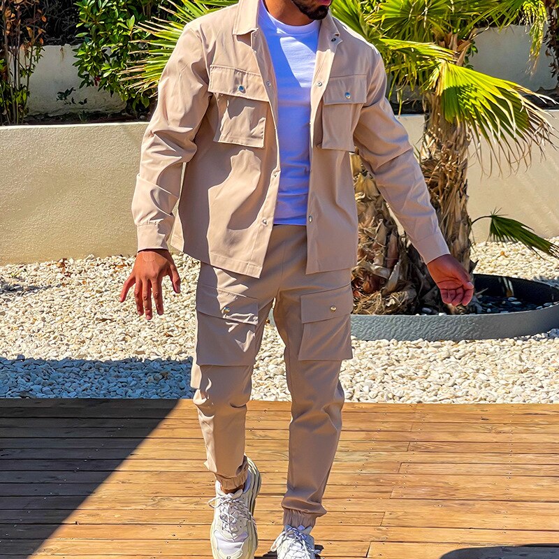 Sets Autumn Trend Turn-down Collar Jackets and Pockets Pants Suits Streetwear Two Piece Men Fashion Slim Fit Outfits