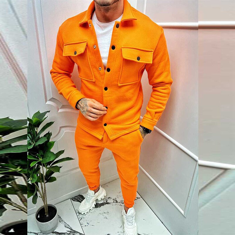 Sets Autumn Trend Turn-down Collar Jackets and Pockets Pants Suits Streetwear Two Piece Men Fashion Slim Fit Outfits
