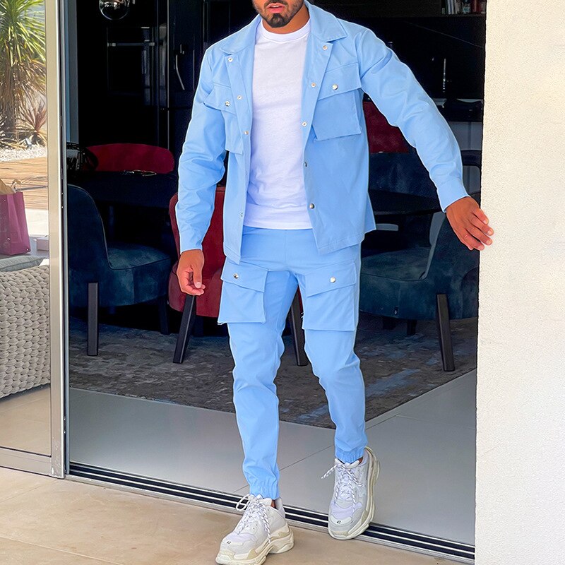 Sets Autumn Trend Turn-down Collar Jackets and Pockets Pants Suits Streetwear Two Piece Men Fashion Slim Fit Outfits