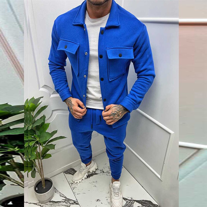 Sets Autumn Trend Turn-down Collar Jackets and Pockets Pants Suits Streetwear Two Piece Men Fashion Slim Fit Outfits