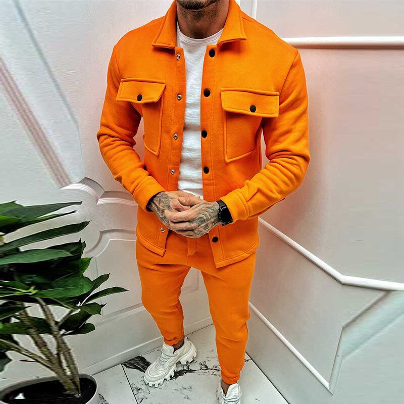 Sets Autumn Trend Turn-down Collar Jackets and Pockets Pants Suits Streetwear Two Piece Men Fashion Slim Fit Outfits