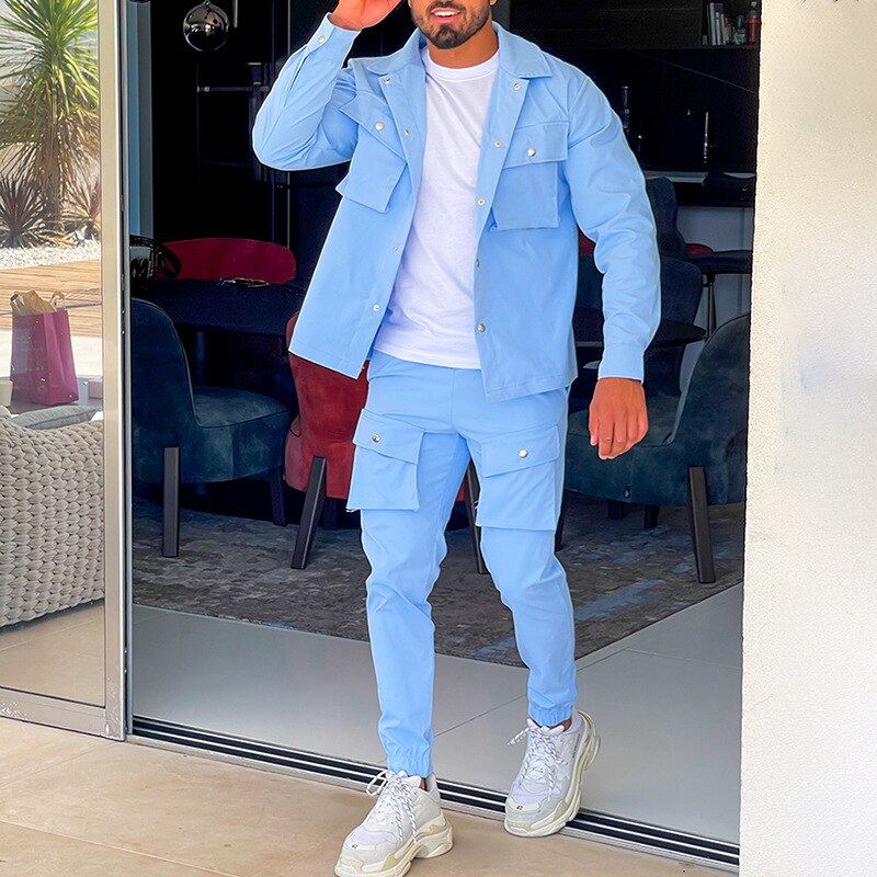 Sets Autumn Trend Turn-down Collar Jackets and Pockets Pants Suits Streetwear Two Piece Men Fashion Slim Fit Outfits