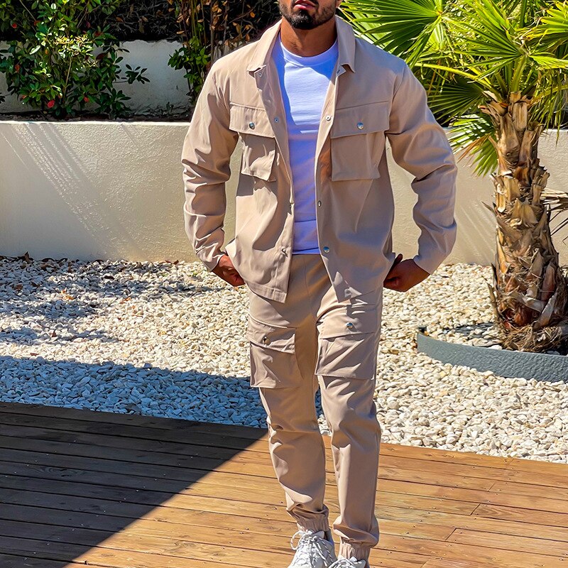 Sets Autumn Trend Turn-down Collar Jackets and Pockets Pants Suits Streetwear Two Piece Men Fashion Slim Fit Outfits