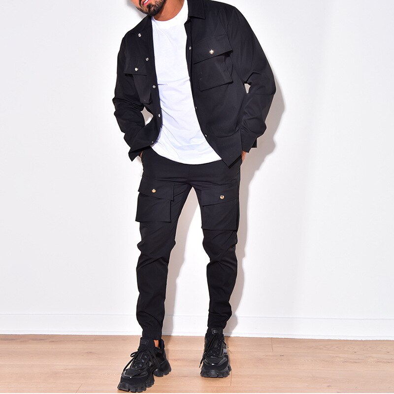 Sets Autumn Trend Turn-down Collar Jackets and Pockets Pants Suits Streetwear Two Piece Men Fashion Slim Fit Outfits