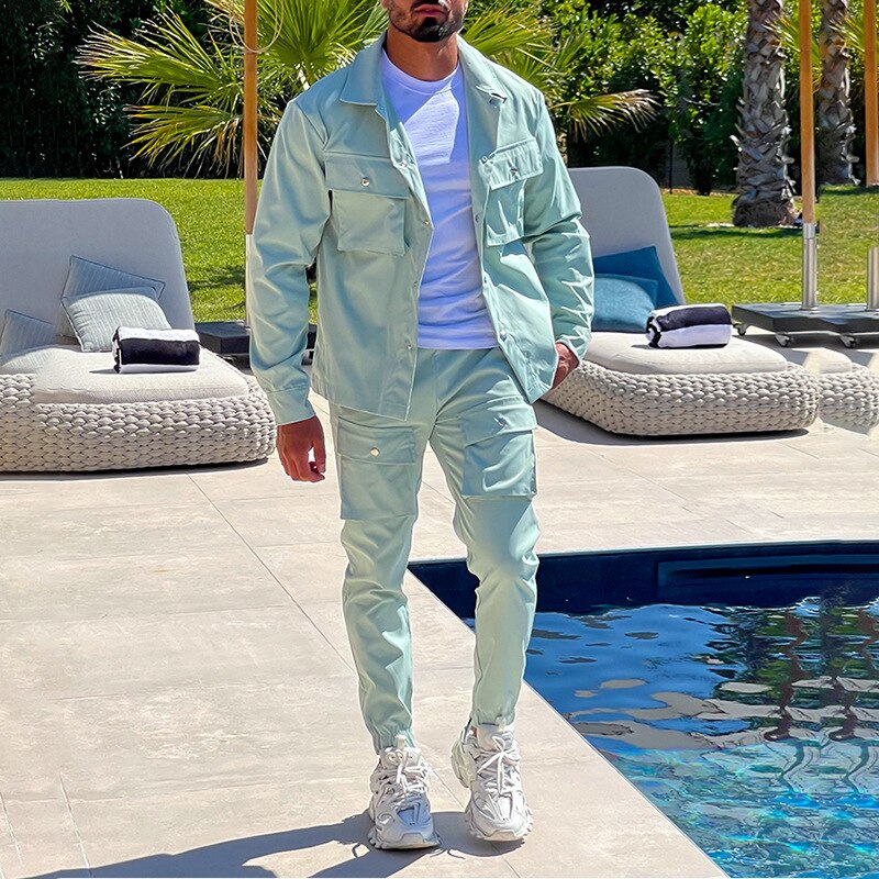 Sets Autumn Trend Turn-down Collar Jackets and Pockets Pants Suits Streetwear Two Piece Men Fashion Slim Fit Outfits