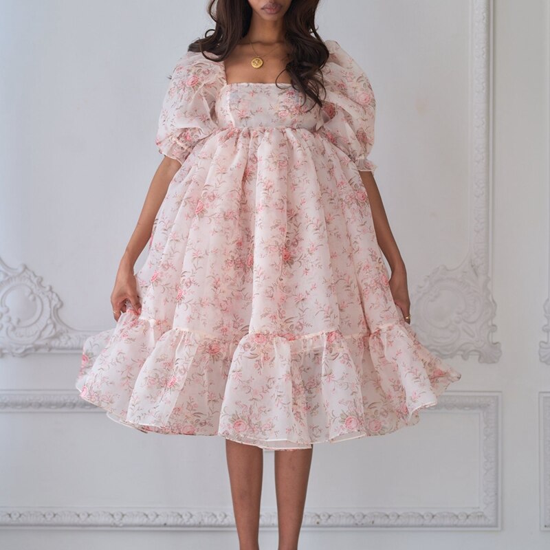 French Puff Dress Floral Print Ruffles A-line Vintage Chic Women Renaissance Girl Dress for Birthday Party Night Evening Dress