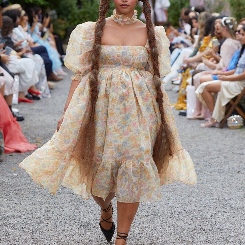 French Puff Dress Floral Print Ruffles A-line Vintage Chic Women Renaissance Girl Dress for Birthday Party Night Evening Dress
