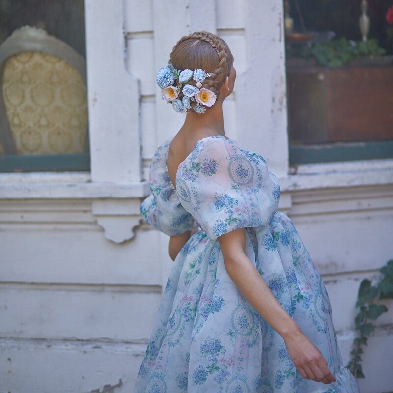 French Puff Dress Floral Print Ruffles A-line Vintage Chic Women Renaissance Girl Dress for Birthday Party Night Evening Dress
