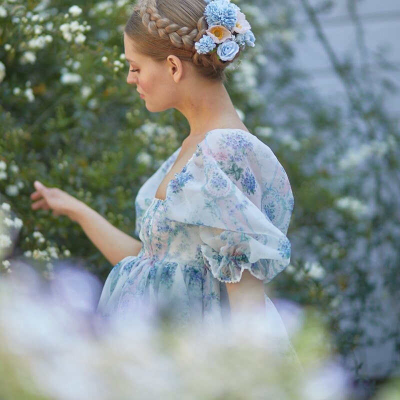 French Puff Dress Floral Print Ruffles A-line Vintage Chic Women Renaissance Girl Dress for Birthday Party Night Evening Dress