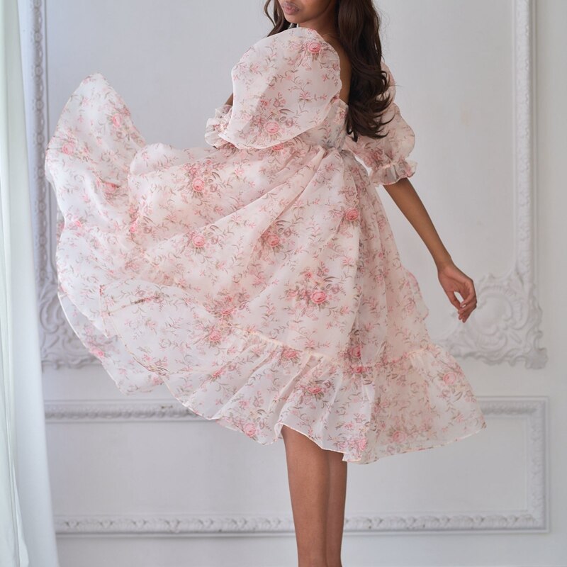French Puff Dress Floral Print Ruffles A-line Vintage Chic Women Renaissance Girl Dress for Birthday Party Night Evening Dress
