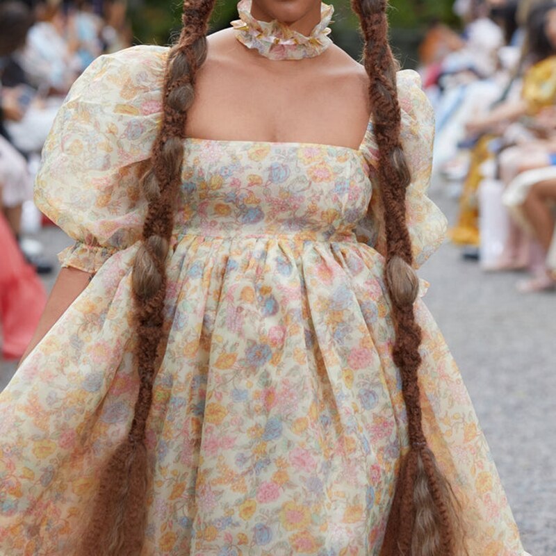 French Puff Dress Floral Print Ruffles A-line Vintage Chic Women Renaissance Girl Dress for Birthday Party Night Evening Dress