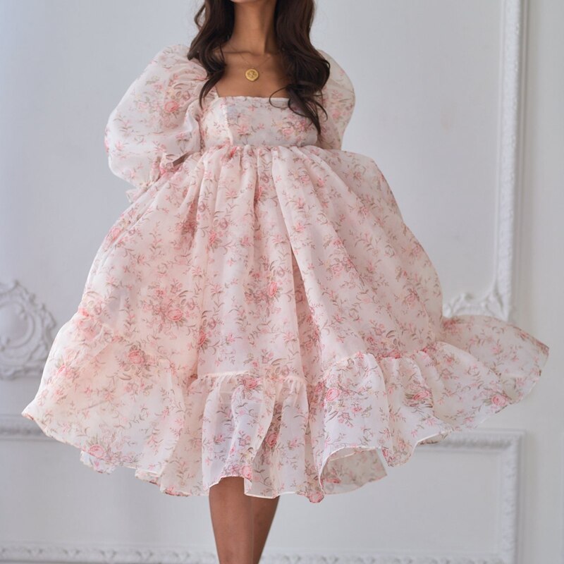 French Puff Dress Floral Print Ruffles A-line Vintage Chic Women Renaissance Girl Dress for Birthday Party Night Evening Dress