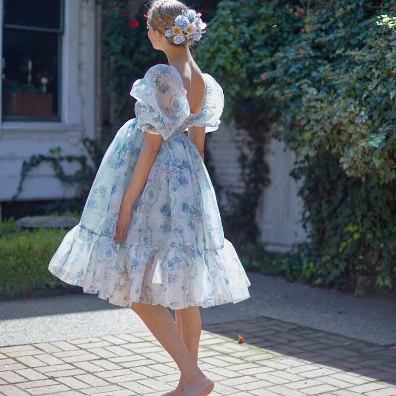 French Puff Dress Floral Print Ruffles A-line Vintage Chic Women Renaissance Girl Dress for Birthday Party Night Evening Dress
