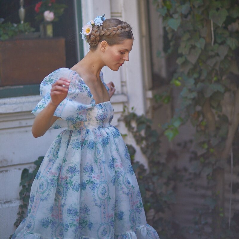 French Puff Dress Floral Print Ruffles A-line Vintage Chic Women Renaissance Girl Dress for Birthday Party Night Evening Dress