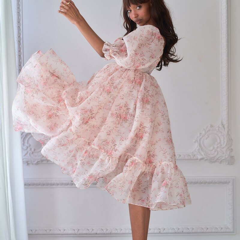 French Puff Dress Floral Print Ruffles A-line Vintage Chic Women Renaissance Girl Dress for Birthday Party Night Evening Dress