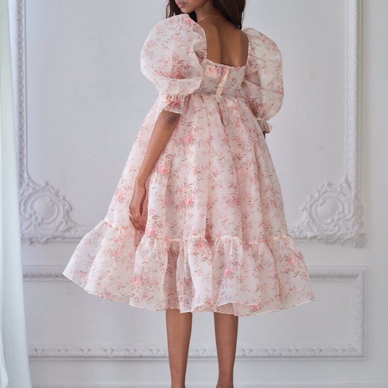 French Puff Dress Floral Print Ruffles A-line Vintage Chic Women Renaissance Girl Dress for Birthday Party Night Evening Dress