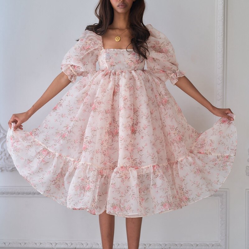 French Puff Dress Floral Print Ruffles A-line Vintage Chic Women Renaissance Girl Dress for Birthday Party Night Evening Dress