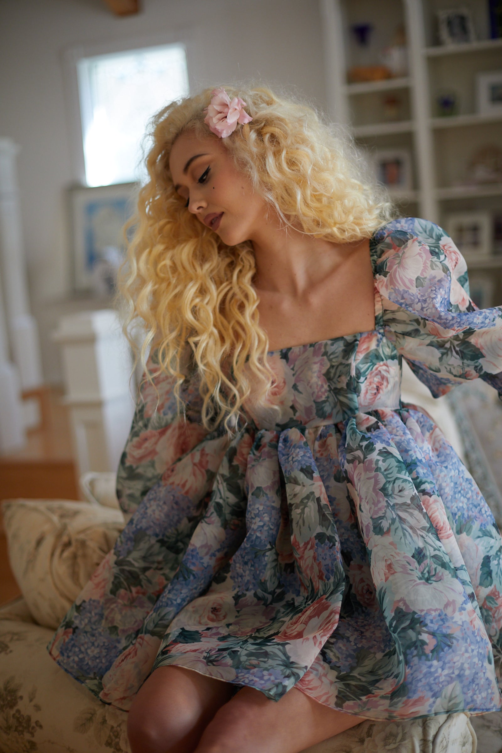 Floral Dress Women Puff Sleeve Vintage Summer Fall Long Sleeve Square Neck A-line Dress Party Fairy Dresses