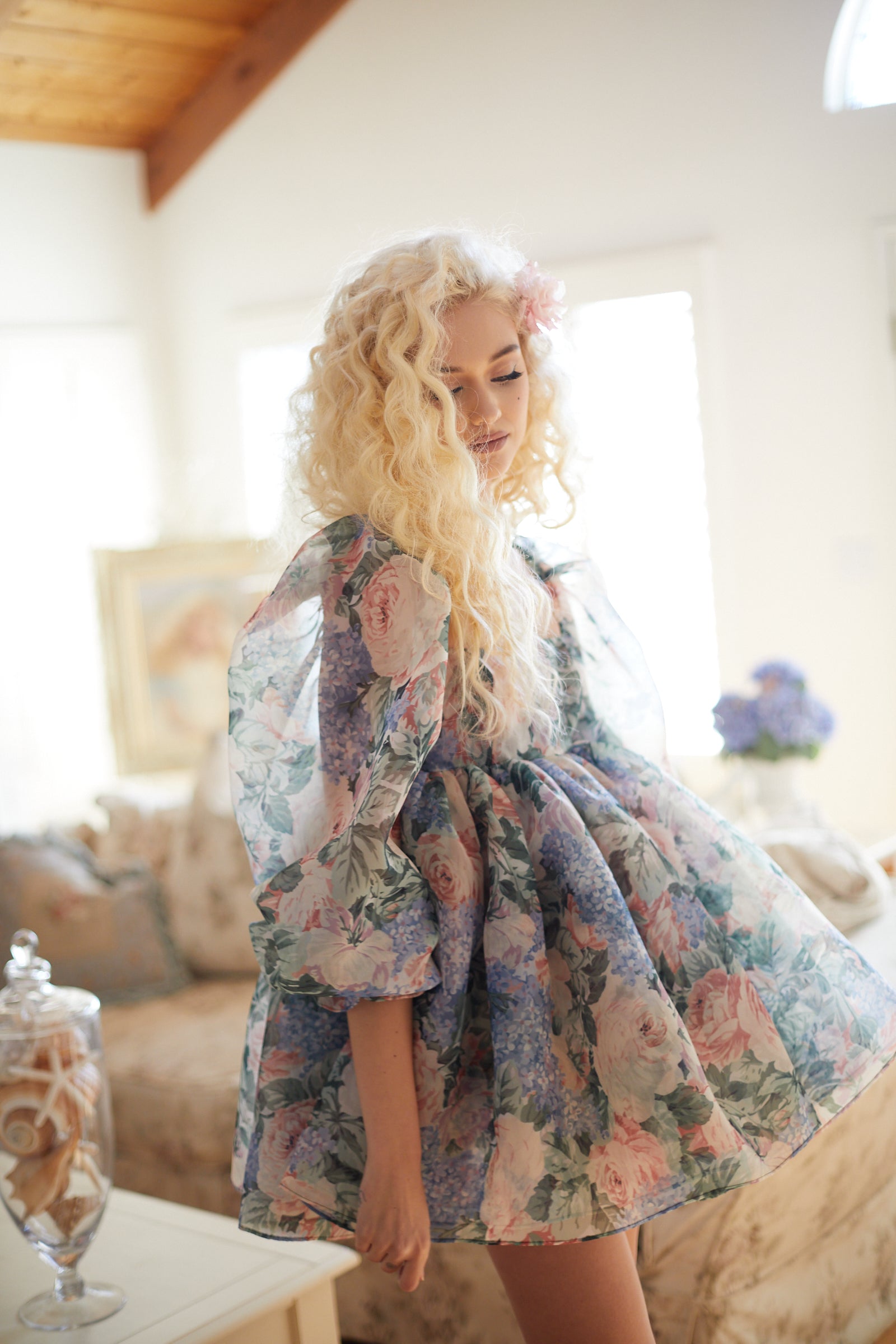 Floral Dress Women Puff Sleeve Vintage Summer Fall Long Sleeve Square Neck A-line Dress Party Fairy Dresses