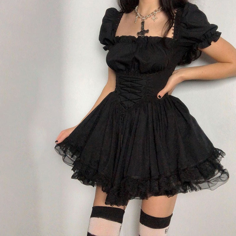 Princess Dress Puff Sleeve Tulle Tutu Square Collar Mesh Ruffle Bubble Skirt Wedding Evening Party Prom Mini Fairy Dress