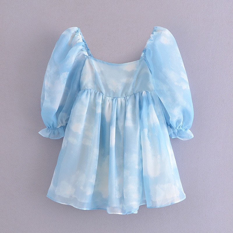 Princess Dress Puff Sleeve Tulle Tutu Square Collar Mesh Ruffle Bubble Skirt Wedding Evening Party Prom Mini Fairy Dress
