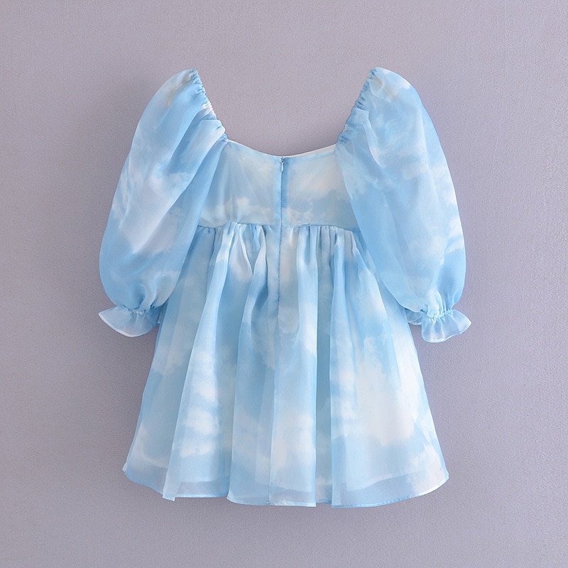 Princess Dress Puff Sleeve Tulle Tutu Square Collar Mesh Ruffle Bubble Skirt Wedding Evening Party Prom Mini Fairy Dress