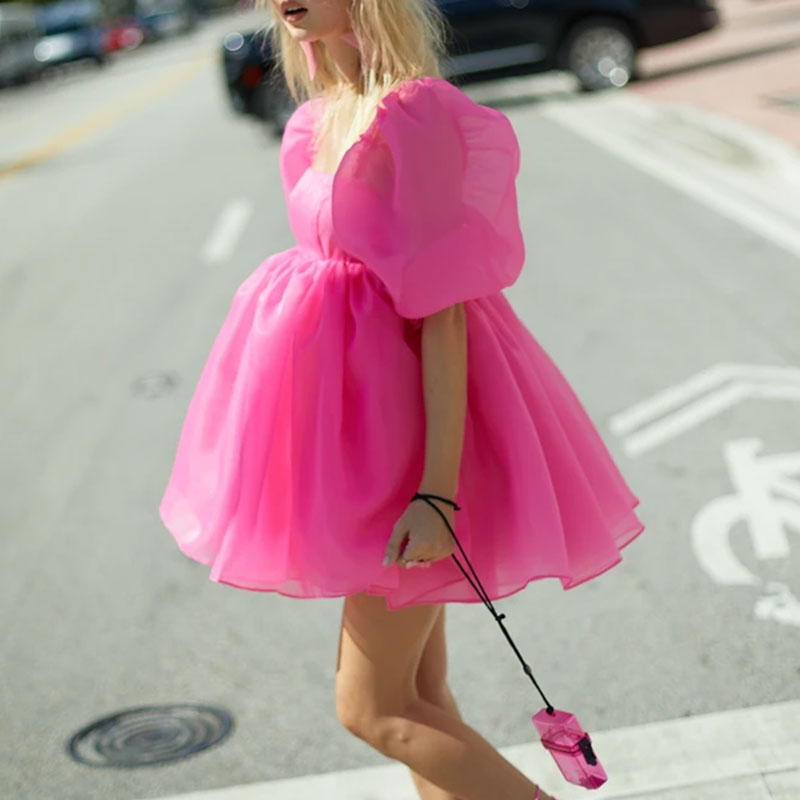 Princess Dress Puff Sleeve Tulle Tutu Square Collar Mesh Ruffle Bubble Skirt Wedding Evening Party Prom Mini Fairy Dress