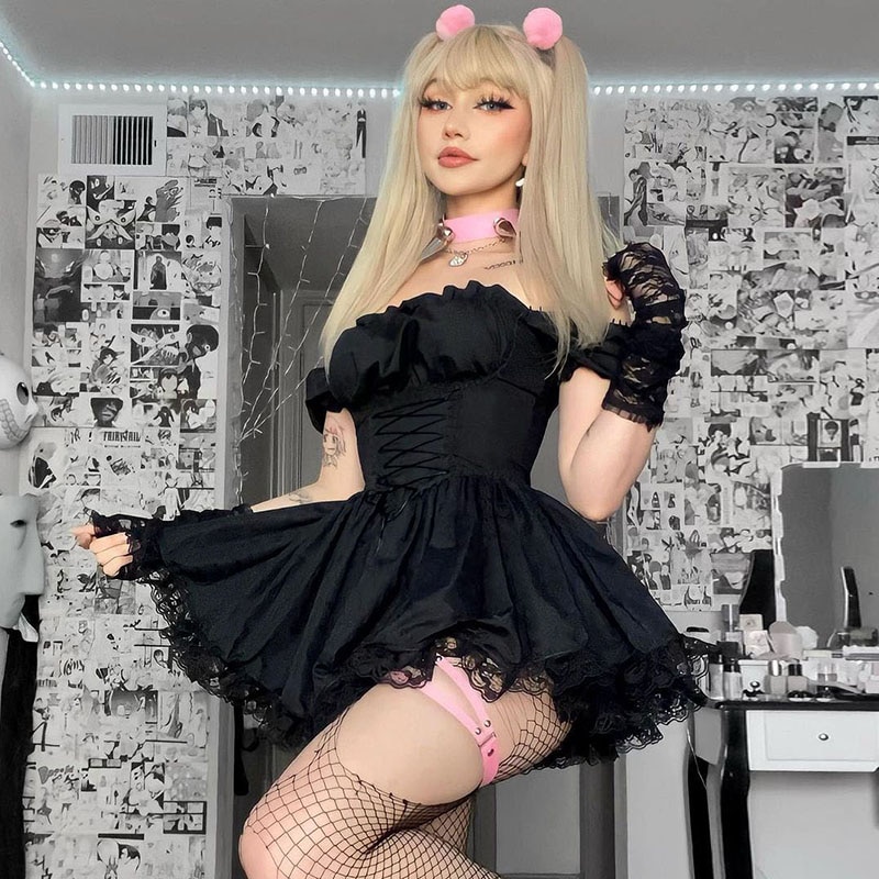 Princess Dress Puff Sleeve Tulle Tutu Square Collar Mesh Ruffle Bubble Skirt Wedding Evening Party Prom Mini Fairy Dress