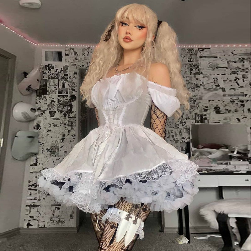 Princess Dress Puff Sleeve Tulle Tutu Square Collar Mesh Ruffle Bubble Skirt Wedding Evening Party Prom Mini Fairy Dress