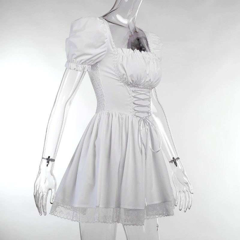 Princess Dress Puff Sleeve Tulle Tutu Square Collar Mesh Ruffle Bubble Skirt Wedding Evening Party Prom Mini Fairy Dress