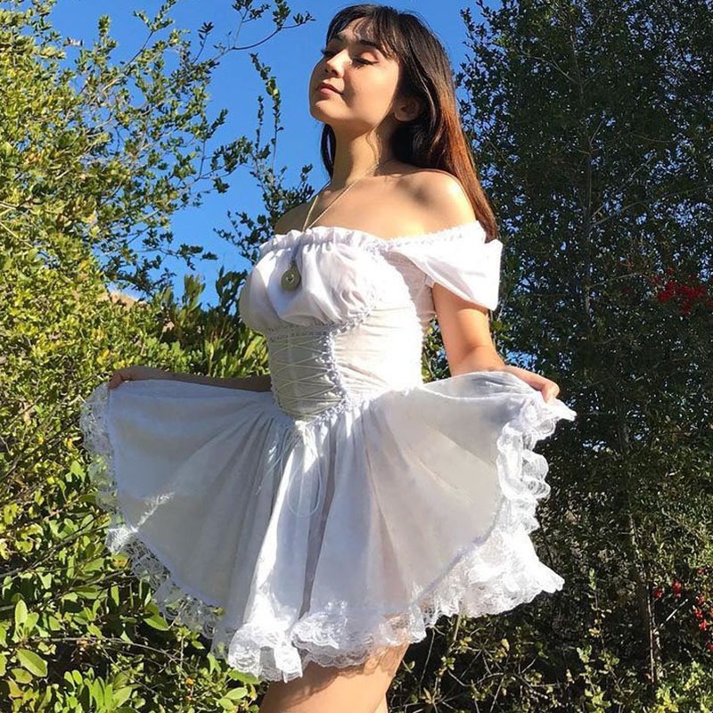 Princess Dress Puff Sleeve Tulle Tutu Square Collar Mesh Ruffle Bubble Skirt Wedding Evening Party Prom Mini Fairy Dress