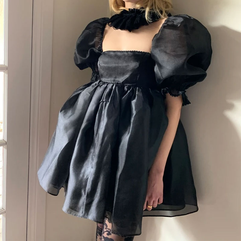 Princess Dress Puff Sleeve Tulle Tutu Square Collar Mesh Ruffle Bubble Skirt Wedding Evening Party Prom Mini Fairy Dress