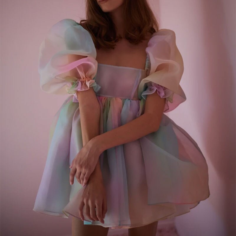 Princess Dress Puff Sleeve Tulle Tutu Square Collar Mesh Ruffle Bubble Skirt Wedding Evening Party Prom Mini Fairy Dress