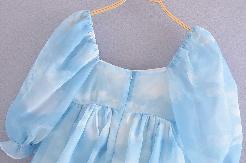 Princess Dress Puff Sleeve Tulle Tutu Square Collar Mesh Ruffle Bubble Skirt Wedding Evening Party Prom Mini Fairy Dress