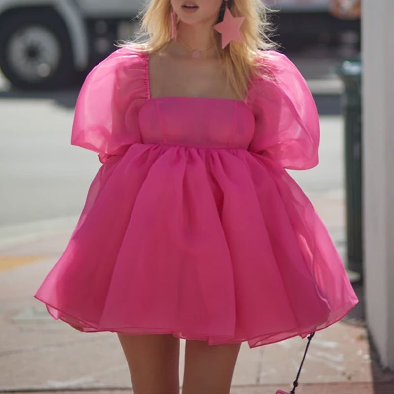 Princess Dress Puff Sleeve Tulle Tutu Square Collar Mesh Ruffle Bubble Skirt Wedding Evening Party Prom Mini Fairy Dress