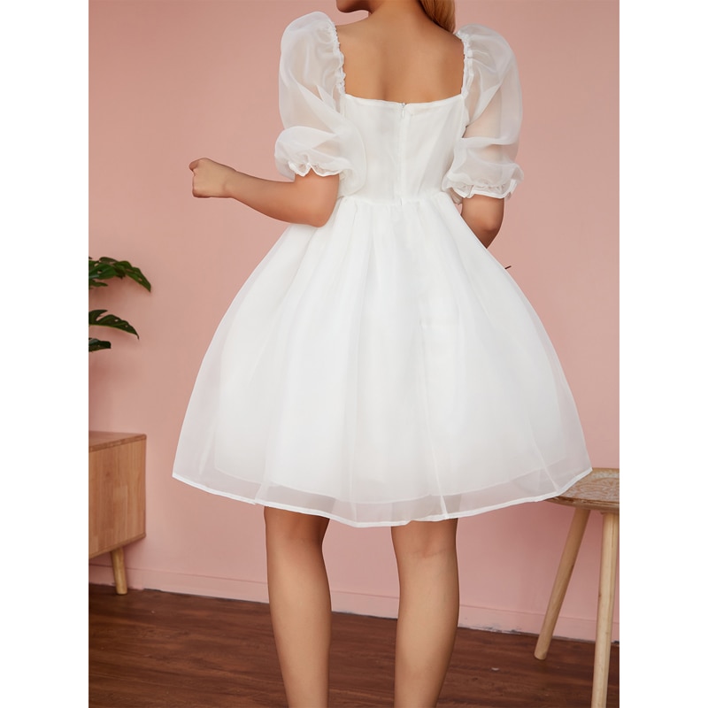 Princess Dress Puff Sleeve Tulle Tutu Square Collar Mesh Ruffle Bubble Skirt Wedding Evening Party Prom Mini Fairy Dress