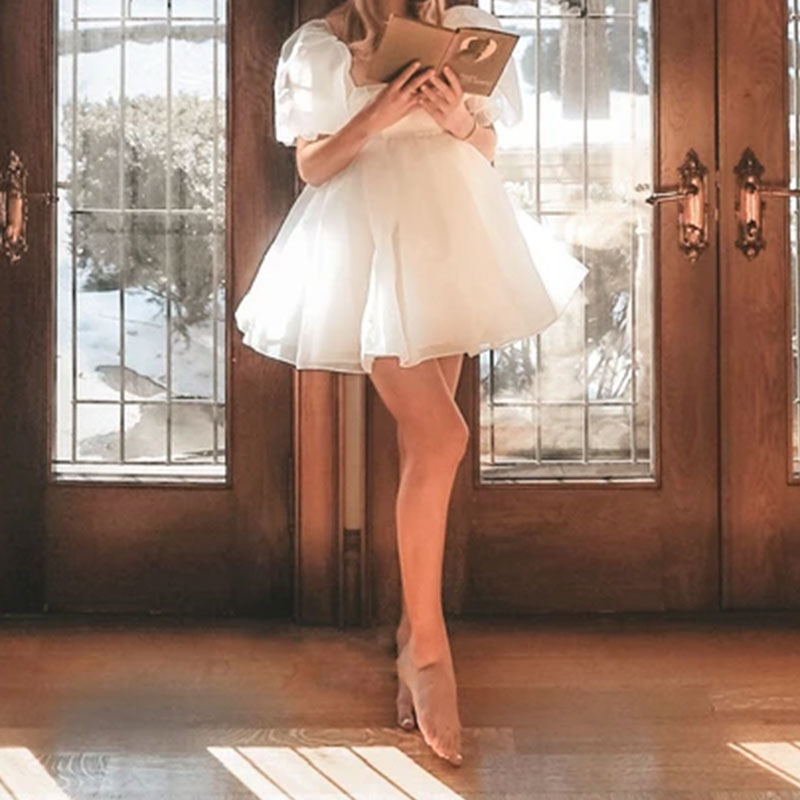Princess Dress Puff Sleeve Tulle Tutu Square Collar Mesh Ruffle Bubble Skirt Wedding Evening Party Prom Mini Fairy Dress