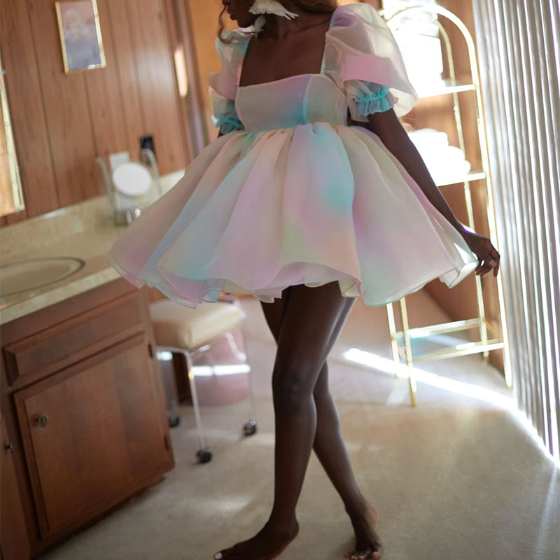 Princess Dress Puff Sleeve Tulle Tutu Square Collar Mesh Ruffle Bubble Skirt Wedding Evening Party Prom Mini Fairy Dress