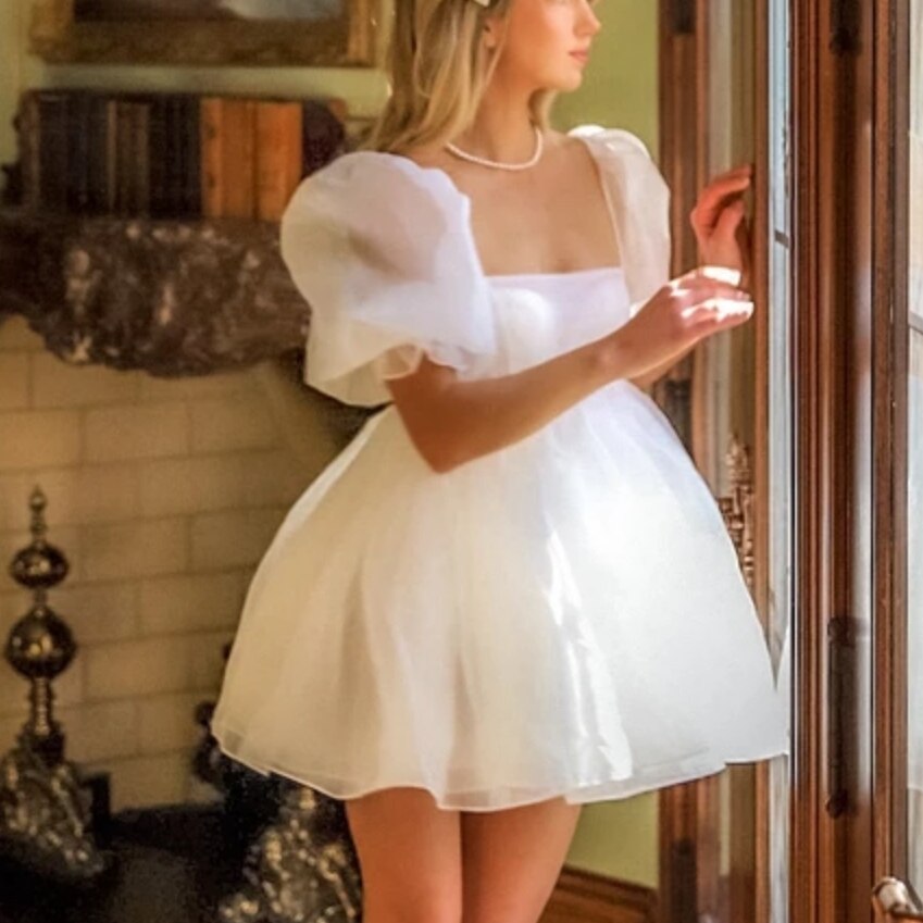 Princess Dress Puff Sleeve Tulle Tutu Square Collar Mesh Ruffle Bubble Skirt Wedding Evening Party Prom Mini Fairy Dress