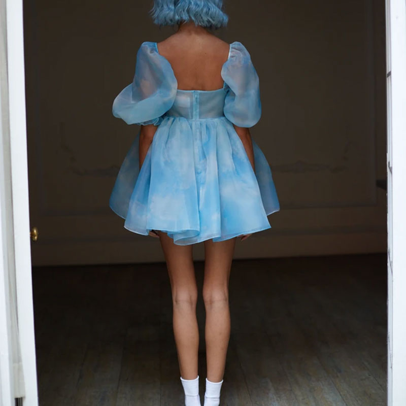 Princess Dress Puff Sleeve Tulle Tutu Square Collar Mesh Ruffle Bubble Skirt Wedding Evening Party Prom Mini Fairy Dress