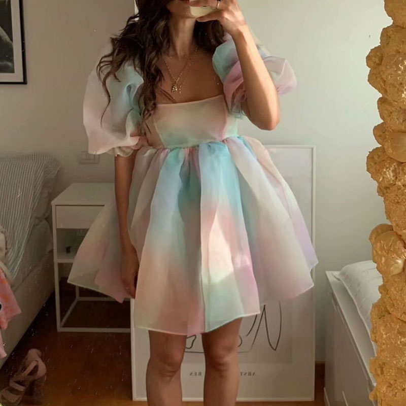 Princess Dress Puff Sleeve Tulle Tutu Square Collar Mesh Ruffle Bubble Skirt Wedding Evening Party Prom Mini Fairy Dress
