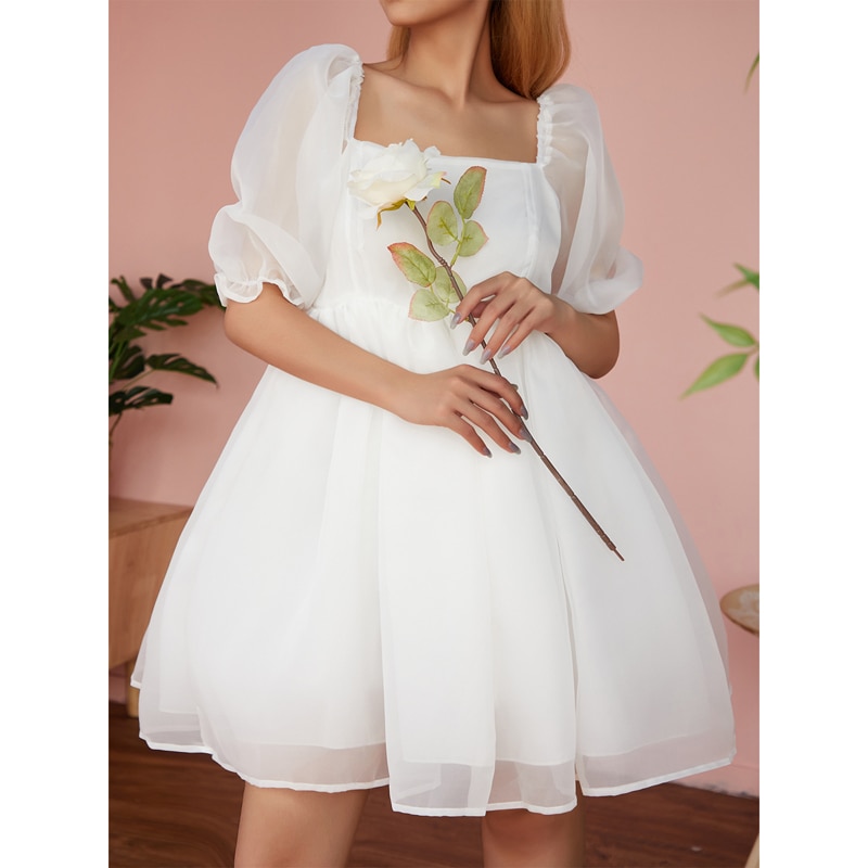 Princess Dress Puff Sleeve Tulle Tutu Square Collar Mesh Ruffle Bubble Skirt Wedding Evening Party Prom Mini Fairy Dress