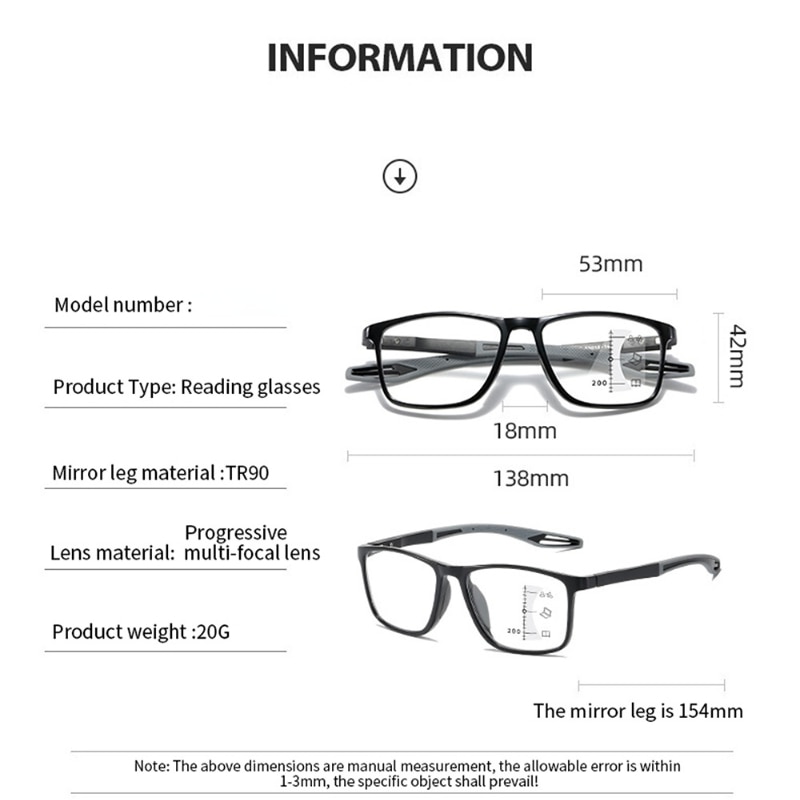 Multifocal Reading Glasses Men/Women Progressive Near/Far Eyewear Ultralight Sports Farsight Eyeglasses Anti-blue Light TR90