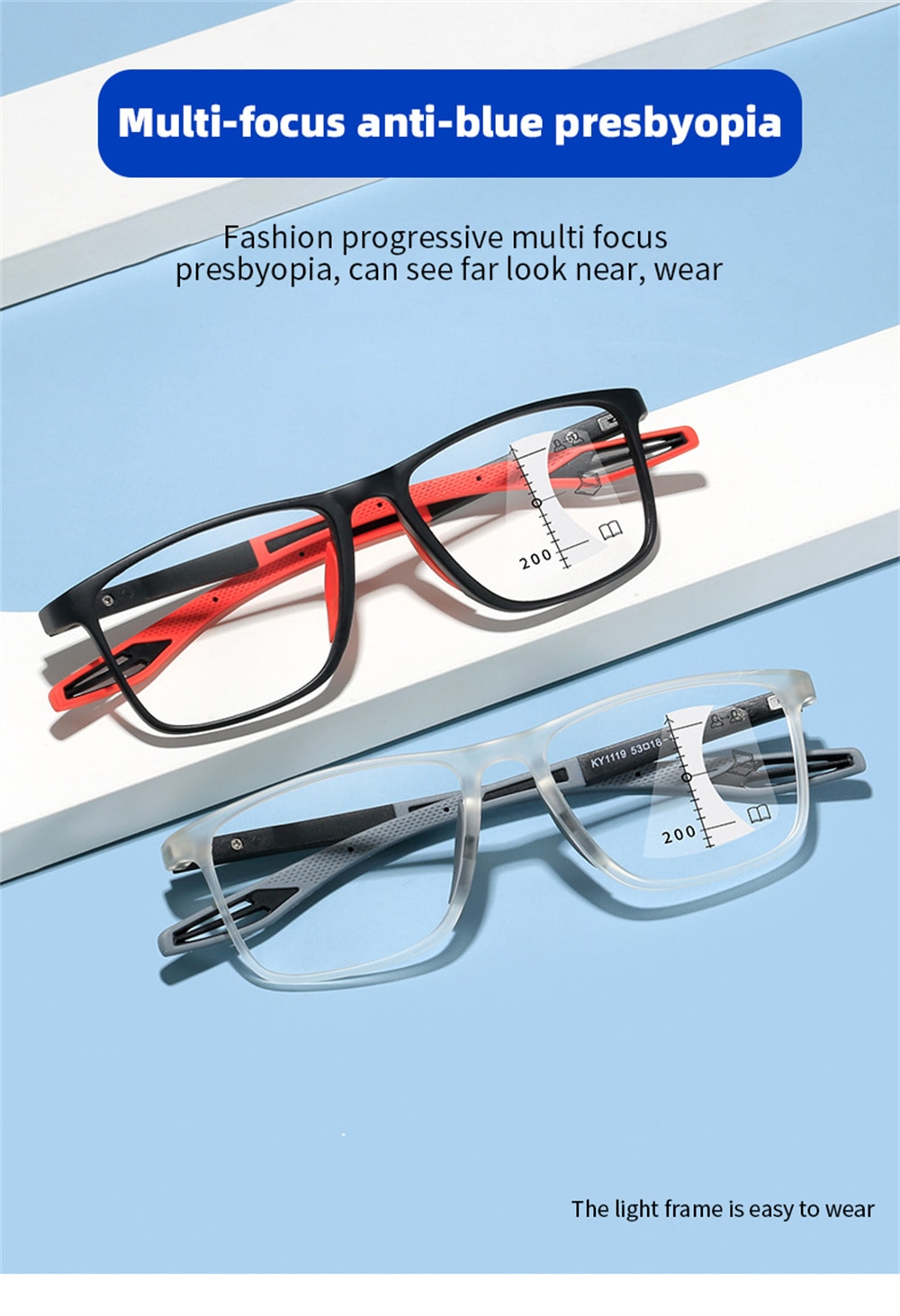 Multifocal Reading Glasses Men/Women Progressive Near/Far Eyewear Ultralight Sports Farsight Eyeglasses Anti-blue Light TR90
