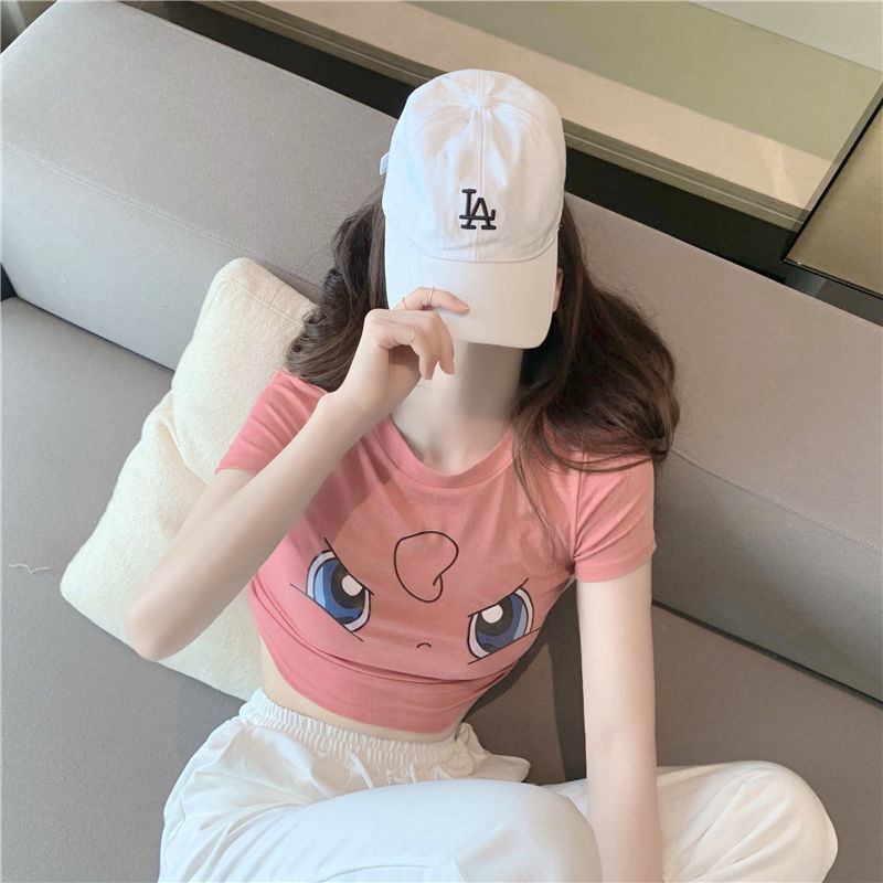 T-shirt Pokemon Pikachu Midriff-baring Kawaii Anime Short Sleeve TeeTops Shape-flaunting Sexy Slim Fit Shirt Cute Girls