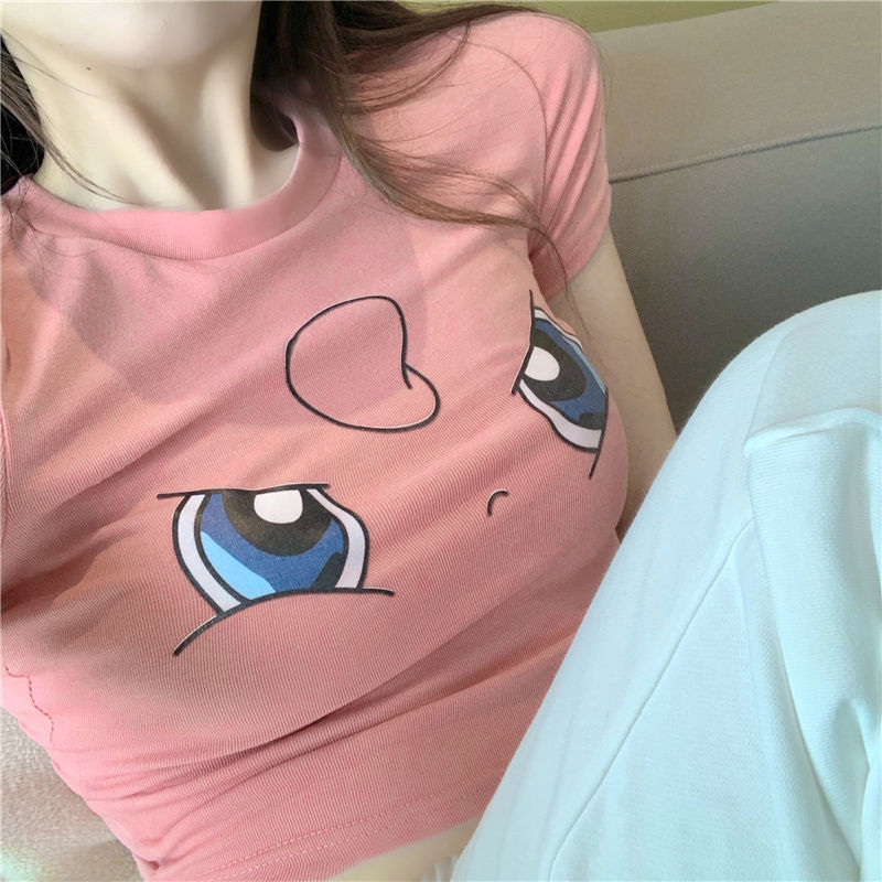 T-shirt Pokemon Pikachu Midriff-baring Kawaii Anime Short Sleeve TeeTops Shape-flaunting Sexy Slim Fit Shirt Cute Girls