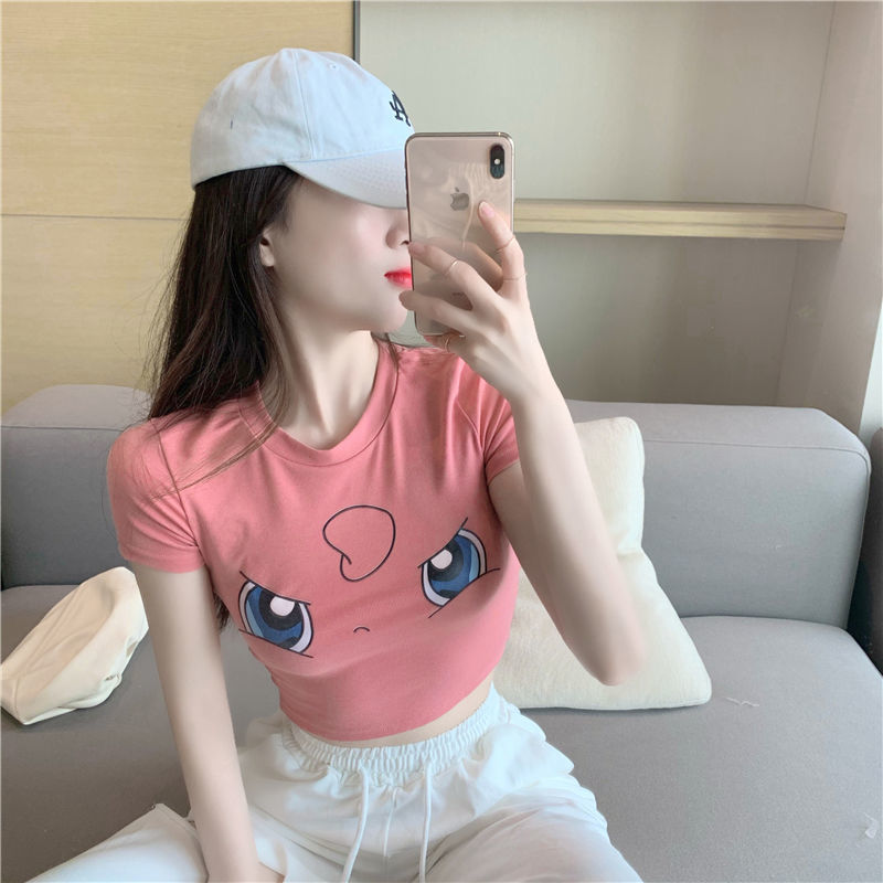 T-shirt Pokemon Pikachu Midriff-baring Kawaii Anime Short Sleeve TeeTops Shape-flaunting Sexy Slim Fit Shirt Cute Girls