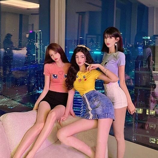 T-shirt Pokemon Pikachu Midriff-baring Kawaii Anime Short Sleeve TeeTops Shape-flaunting Sexy Slim Fit Shirt Cute Girls